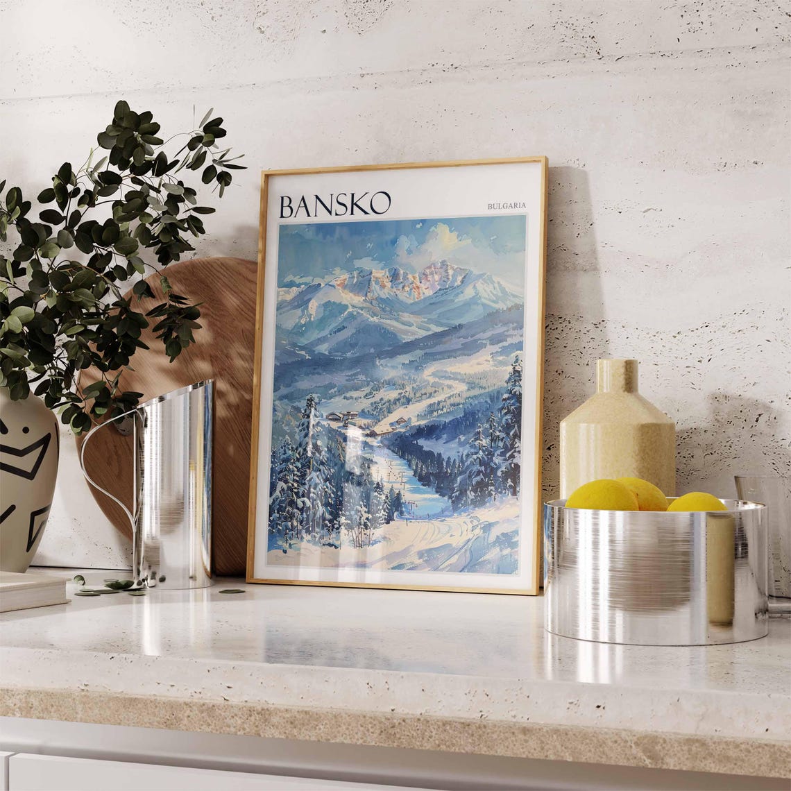 Bansko Bulgaria Watercolor Mountain Valley Ski Runs Scenic Poster - Image 2