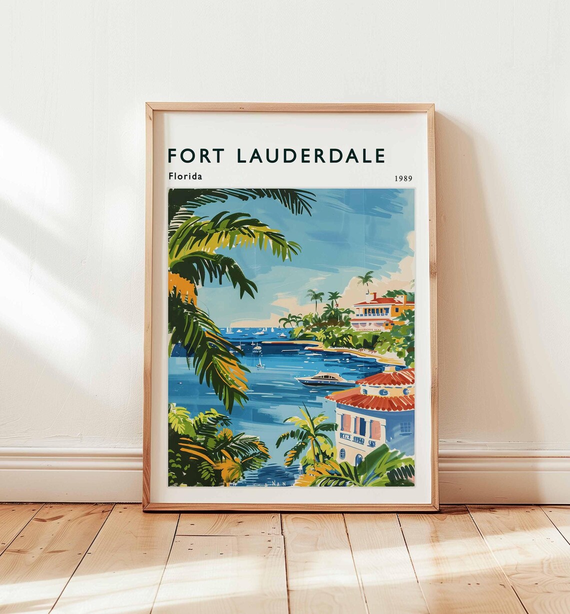 Fort Lauderdale Florida Marina Boats Palm Fronds Vintage Travel Poster