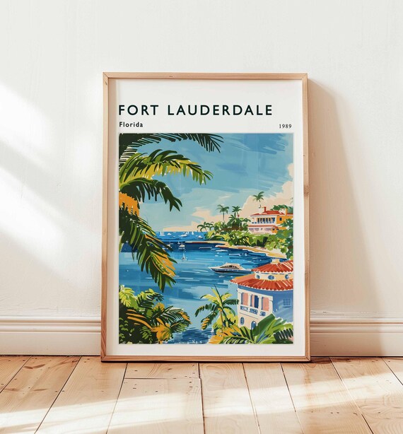 Fort Lauderdale Florida Marina Boats Palm Fronds Vintage Travel Poster