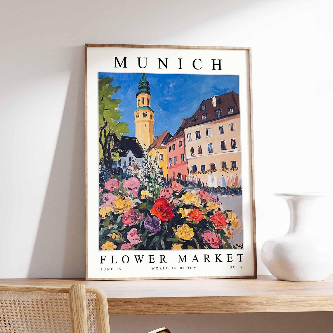 Munich Flower Market Square Yellow Tower Rose Bloom Scene Poster