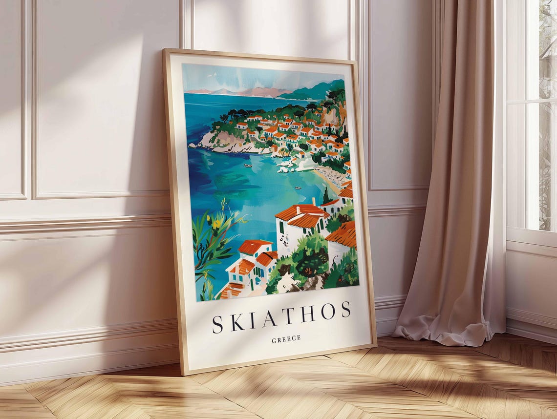 Skiathos Greece Sailboats Anchored Below the White Hill Town Poster - Image 2