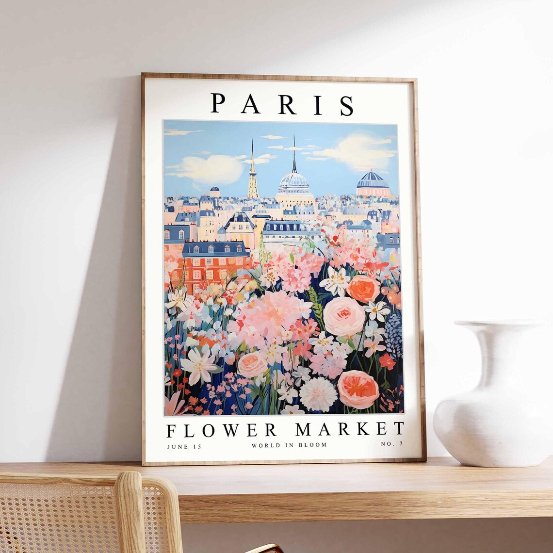 Paris Flower Market Skyline with Domes and Poppy Foreground Poster