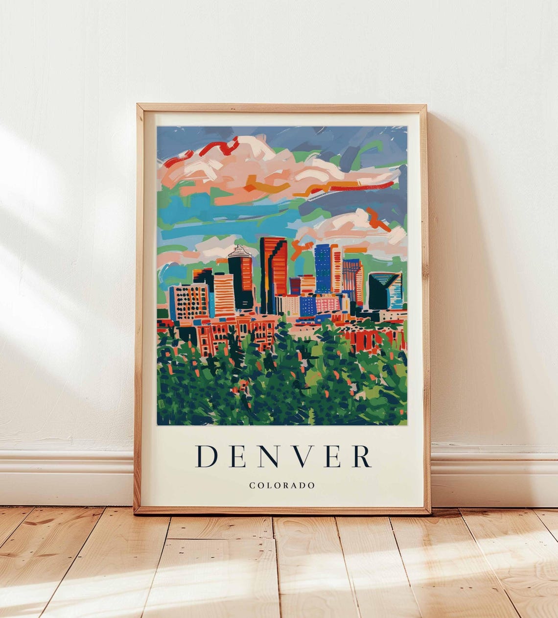 Denver Colorado Skyline Over Green Trees Dramatic Clouds Poster