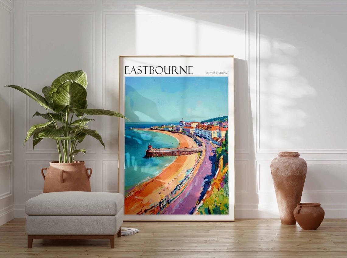 Eastbourne Pier Lighthouse Curved Beach Vintage Travel Art Poster - Image 3