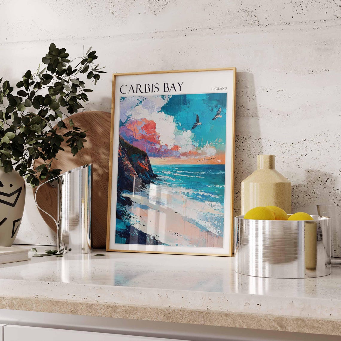 Carbis Bay England Rocky Headland Dramatic Coastal Seascape Art Poster - Image 2