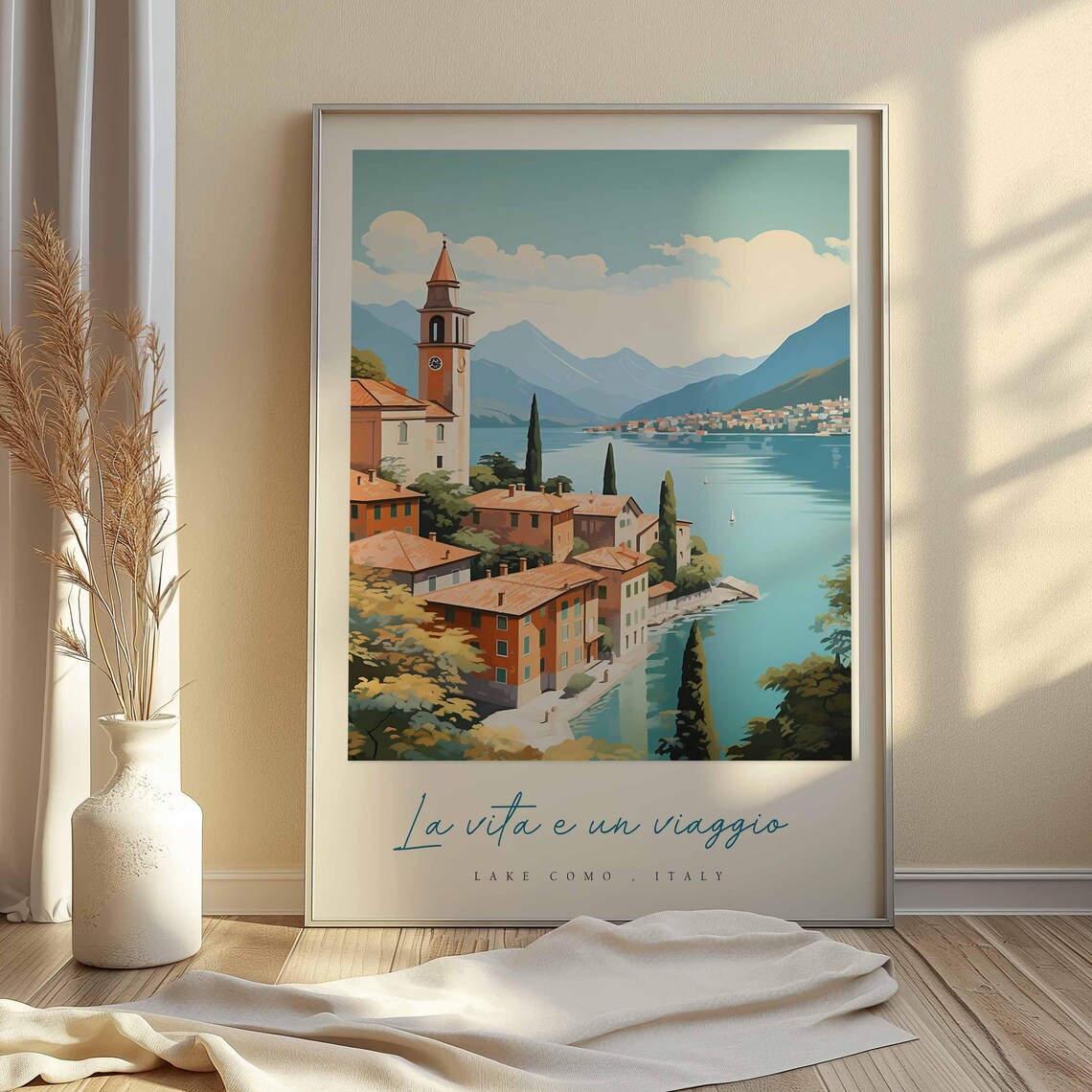 Sunny Lake Como Italy Village Clock Tower Sailboat Shore Poster - Image 2