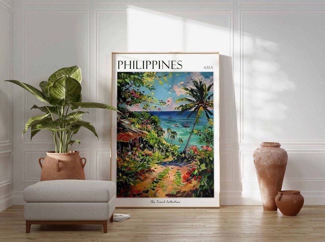 Philippines Asia Painted Tropical Beach Cove Palm Trees Boats Poster - Image 2