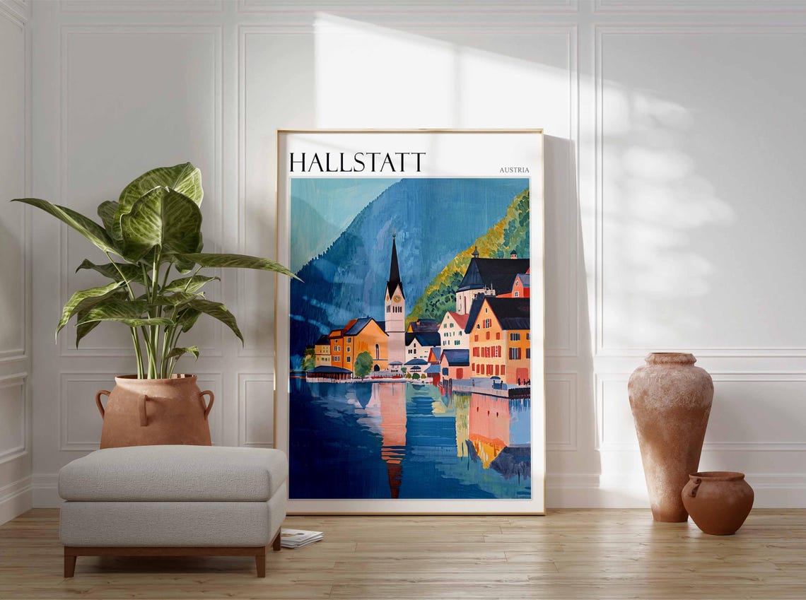 Hallstatt Austria Church Spire Blue Lake Illustration Poster - Image 2
