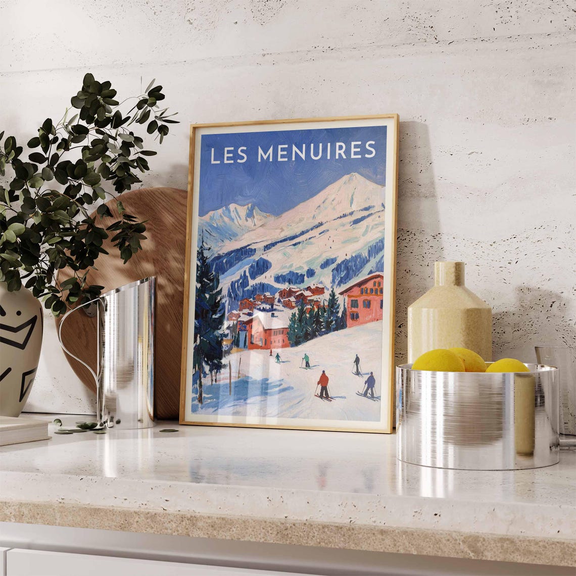 Les Menuires France Retro Skiers Mountain Slopes Red Chalets Poster - Image 2