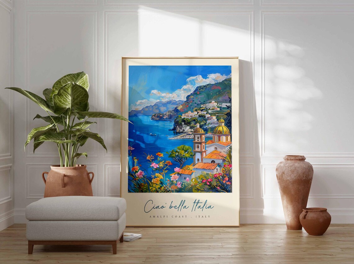 Amalfi Coast Domed Church Wildflowers Vibrant Italian Poster - Image 3