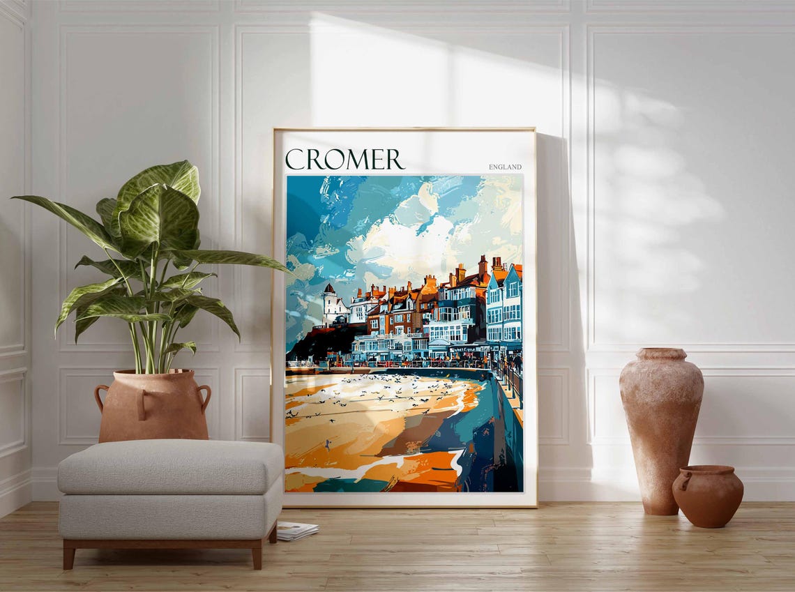 Cromer England Seafront Hotels and Gulls Over the Beach Poster - Image 3