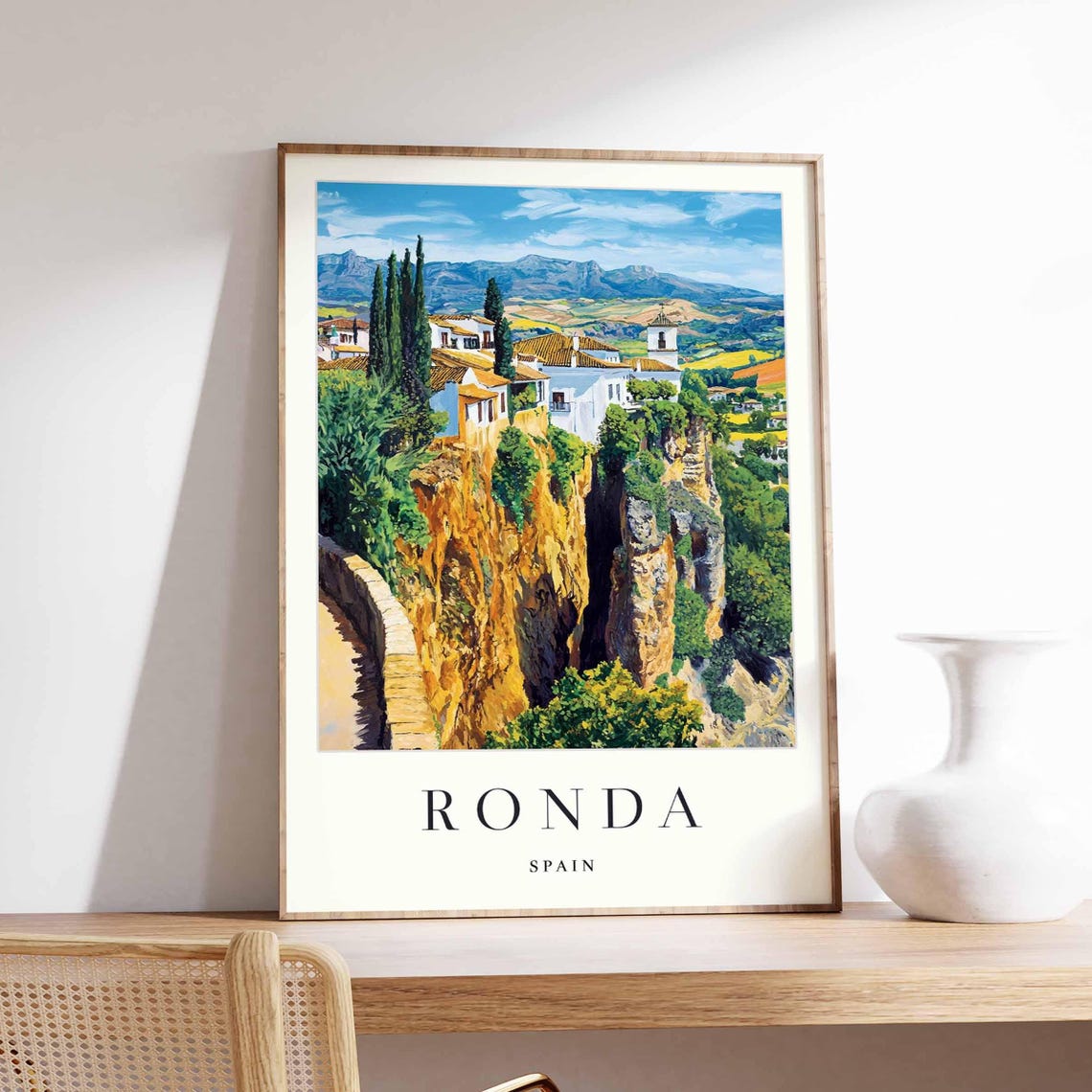 Ronda Spain Poster With Orange Cliffs Town Stone Walkway And View