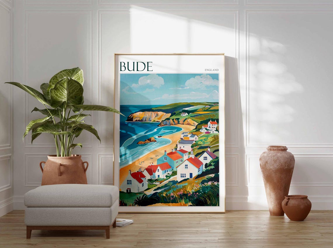 Bude Cornwall England Whitewashed Cottages Overlooking the Bay Poster - Image 3