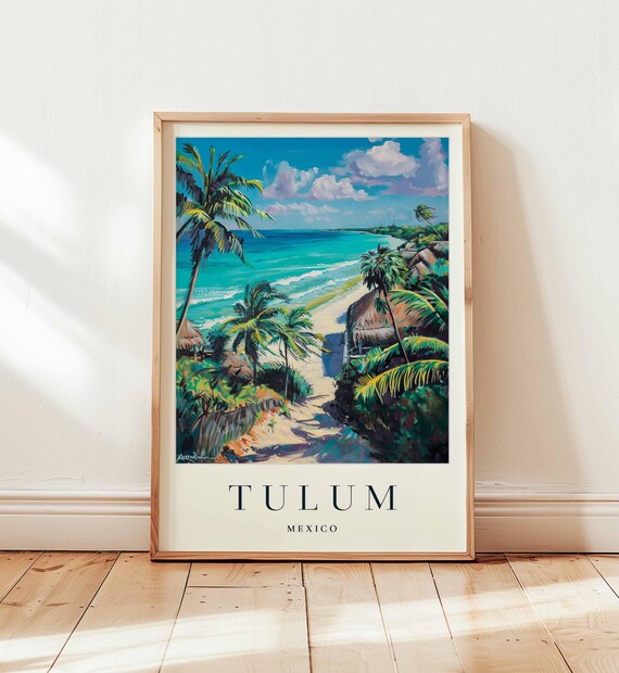 Tulum Mexico Turquoise Beach Palms Thatched Palapa Travel Poster