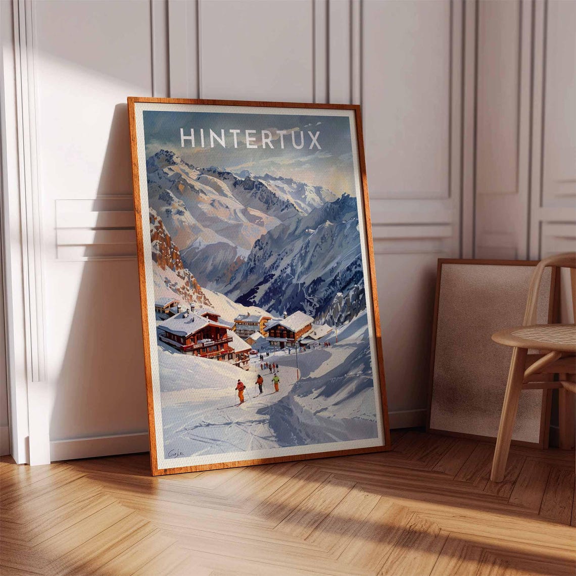 Hintertux Austria Painterly Skiers Below Mountain Peaks Travel Poster - Image 2