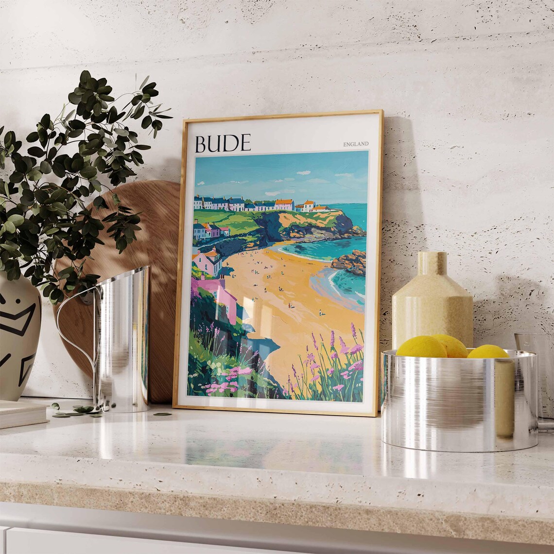 Bude England Cornish Beach Colorful Houses Painted Travel Poster - Image 2