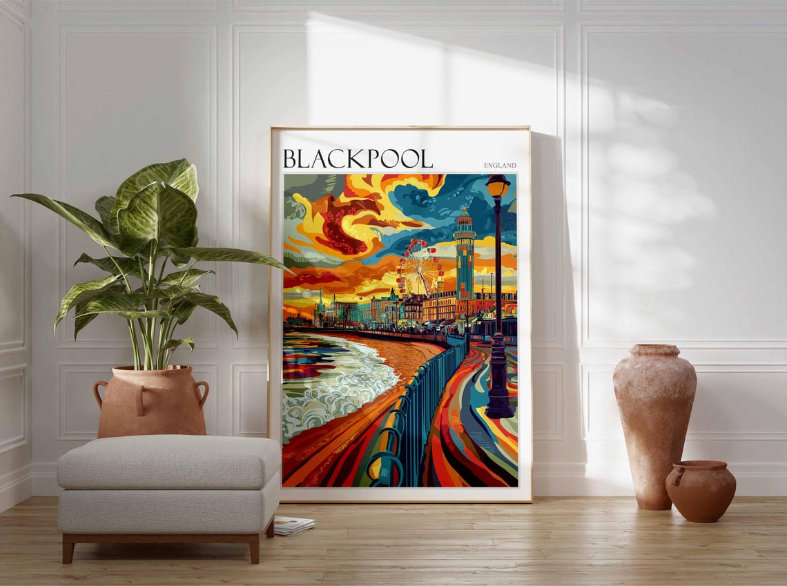 Blackpool England Sunset Promenade Tower Ferris Wheel Poster - Image 3