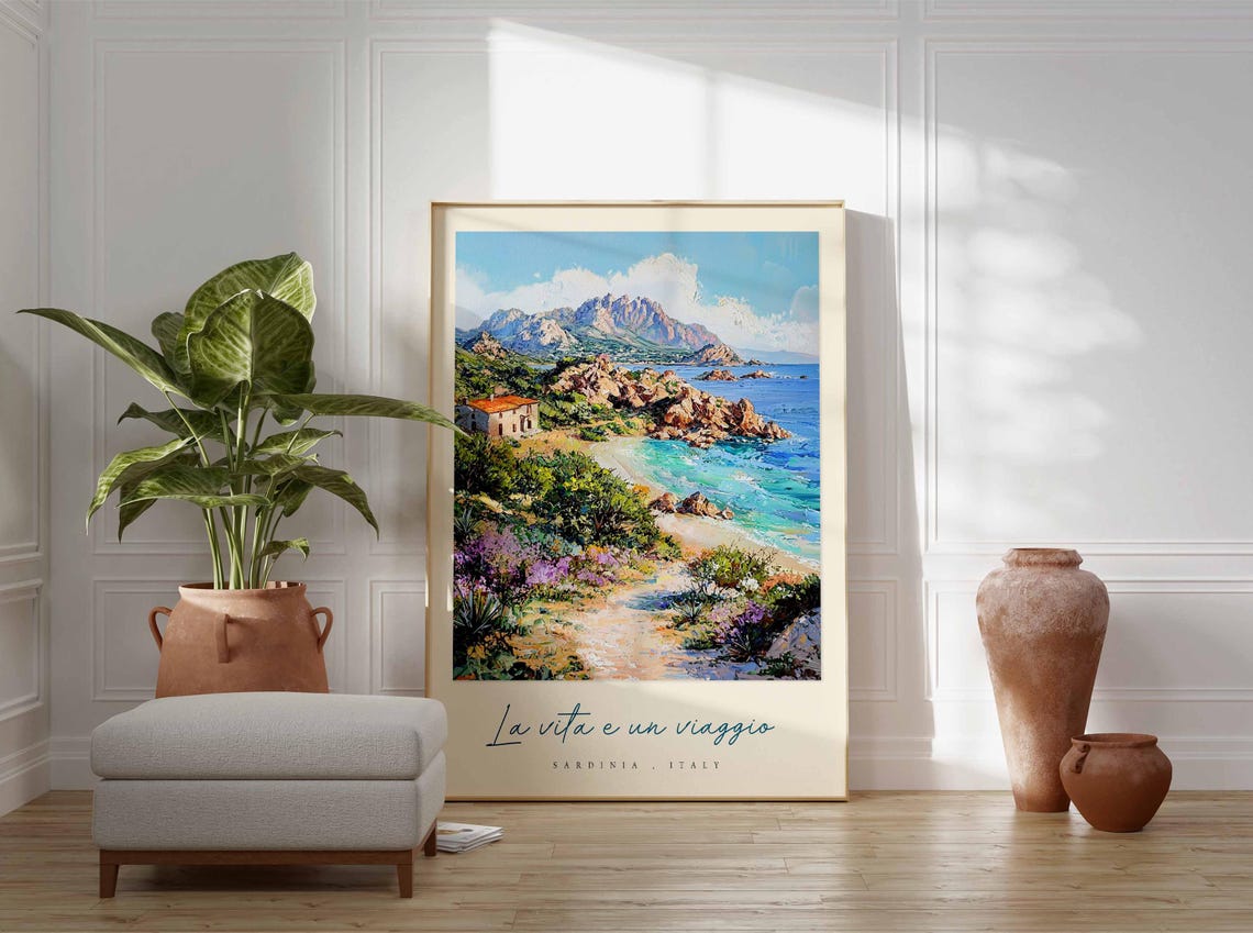 Sardinia Italy Rocky Coast Beach Watercolor Travel Quote Poster - Image 3