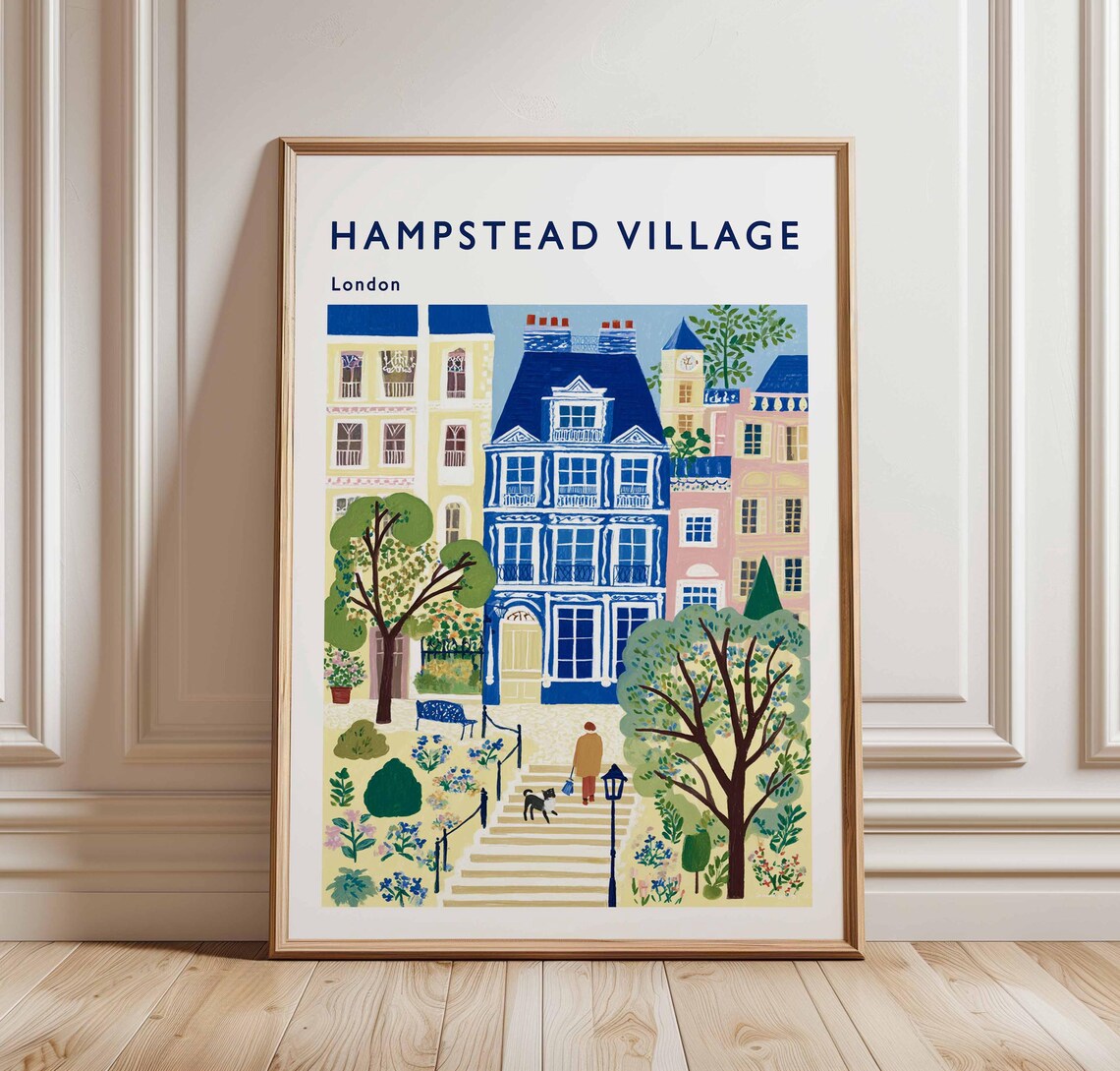 Hampstead Village London Travel Art Historic Blue Townhouse Street Poster