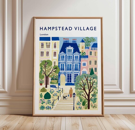 Hampstead Village London Travel Art Historic Blue Townhouse Street Poster