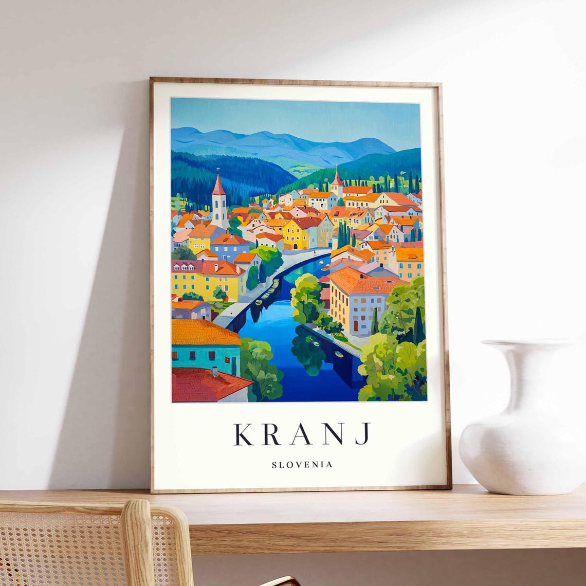 Kranj Slovenia Colorful River Bend Town Mountains Illustration Poster