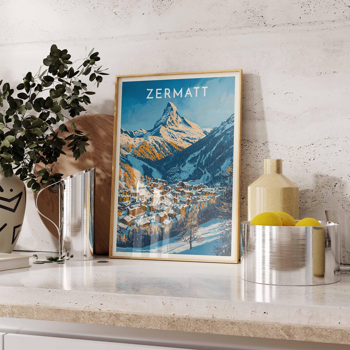 Zermatt Matterhorn Golden Alpine Village Panorama Winter Poster - Image 2