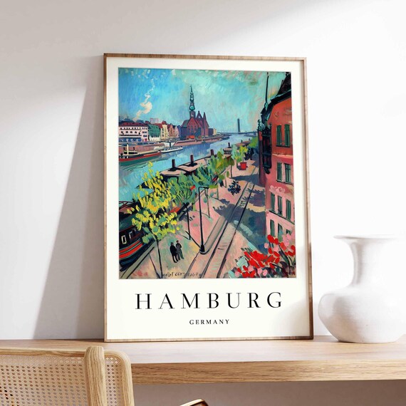 Hamburg Germany Painted Harbor Church Spire Vintage Scene Poster