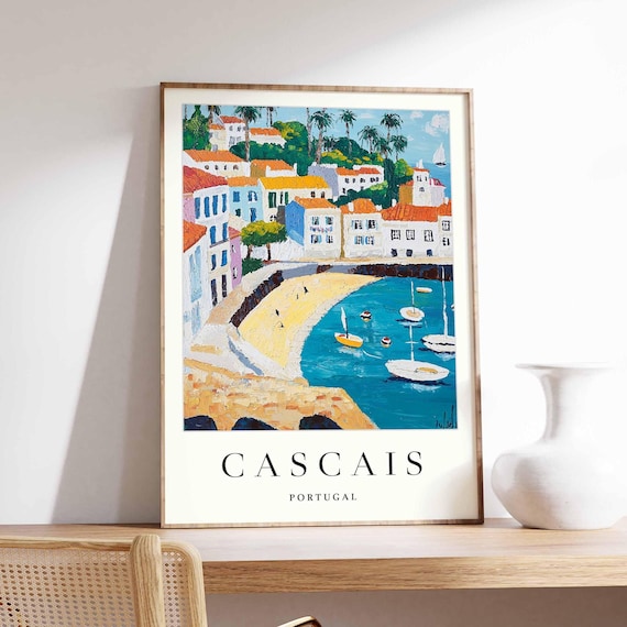 Cascais Portugal Cliffside Villa Boats Classic Travel Poster