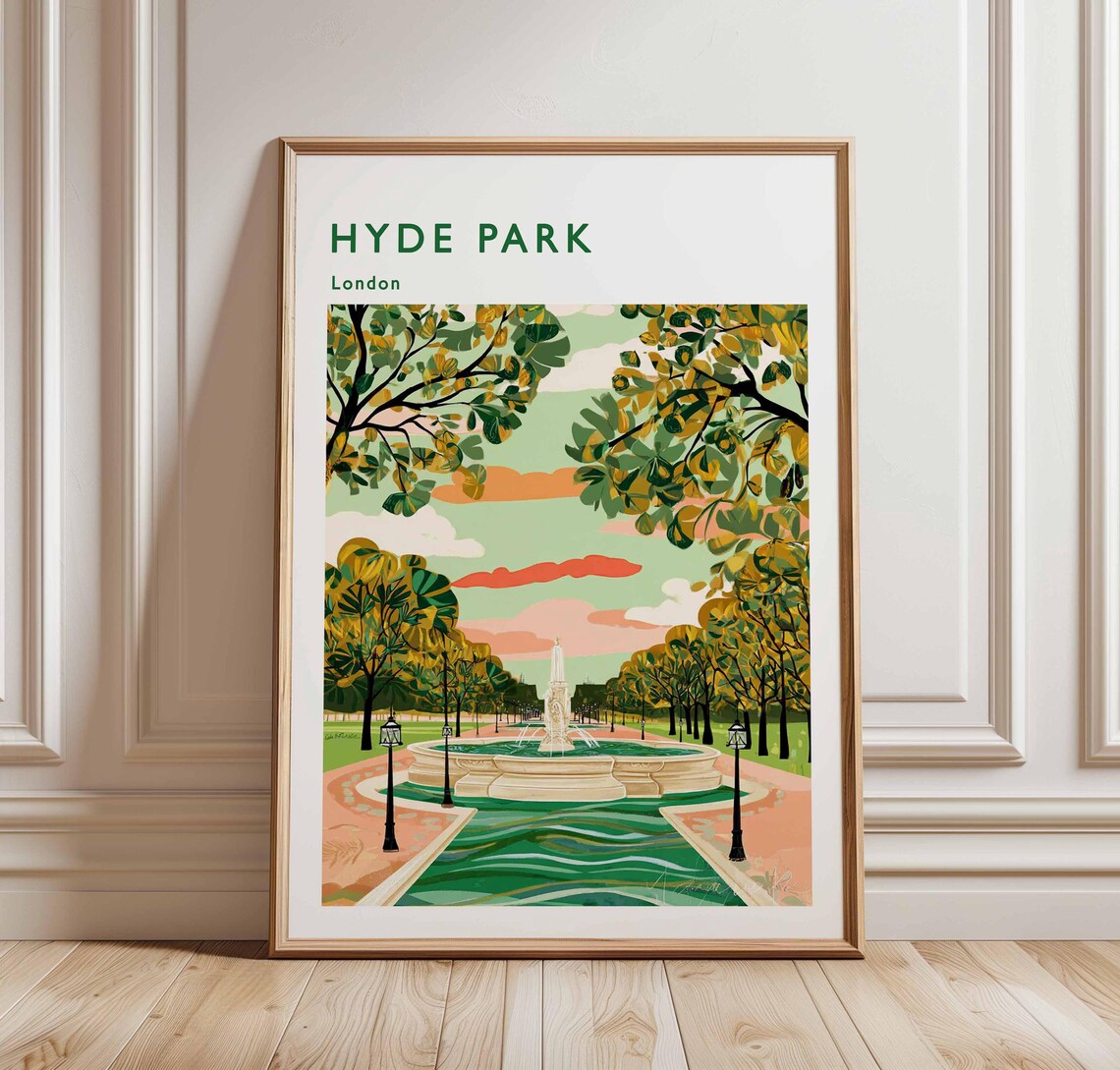 Hyde Park London Fountain Gardens Illustration Travel Poster