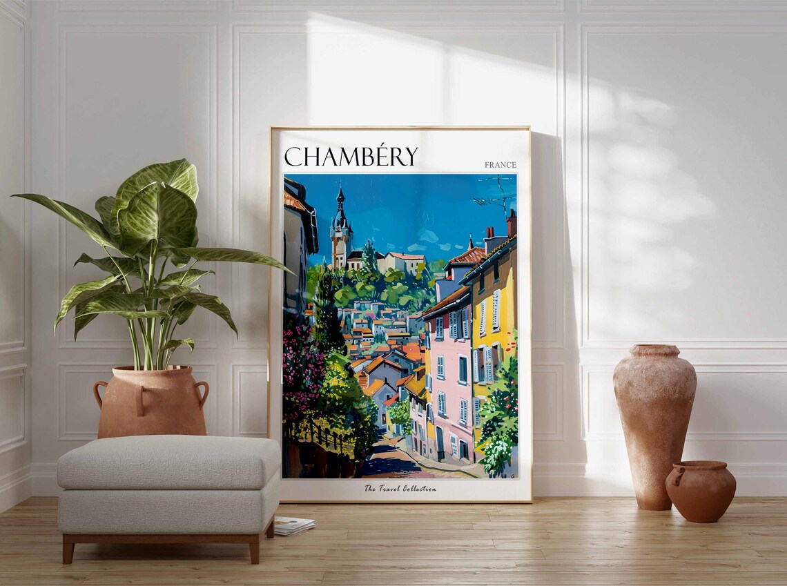 Chambery France Clock Tower Old Town Street Painted Travel Poster - Image 3