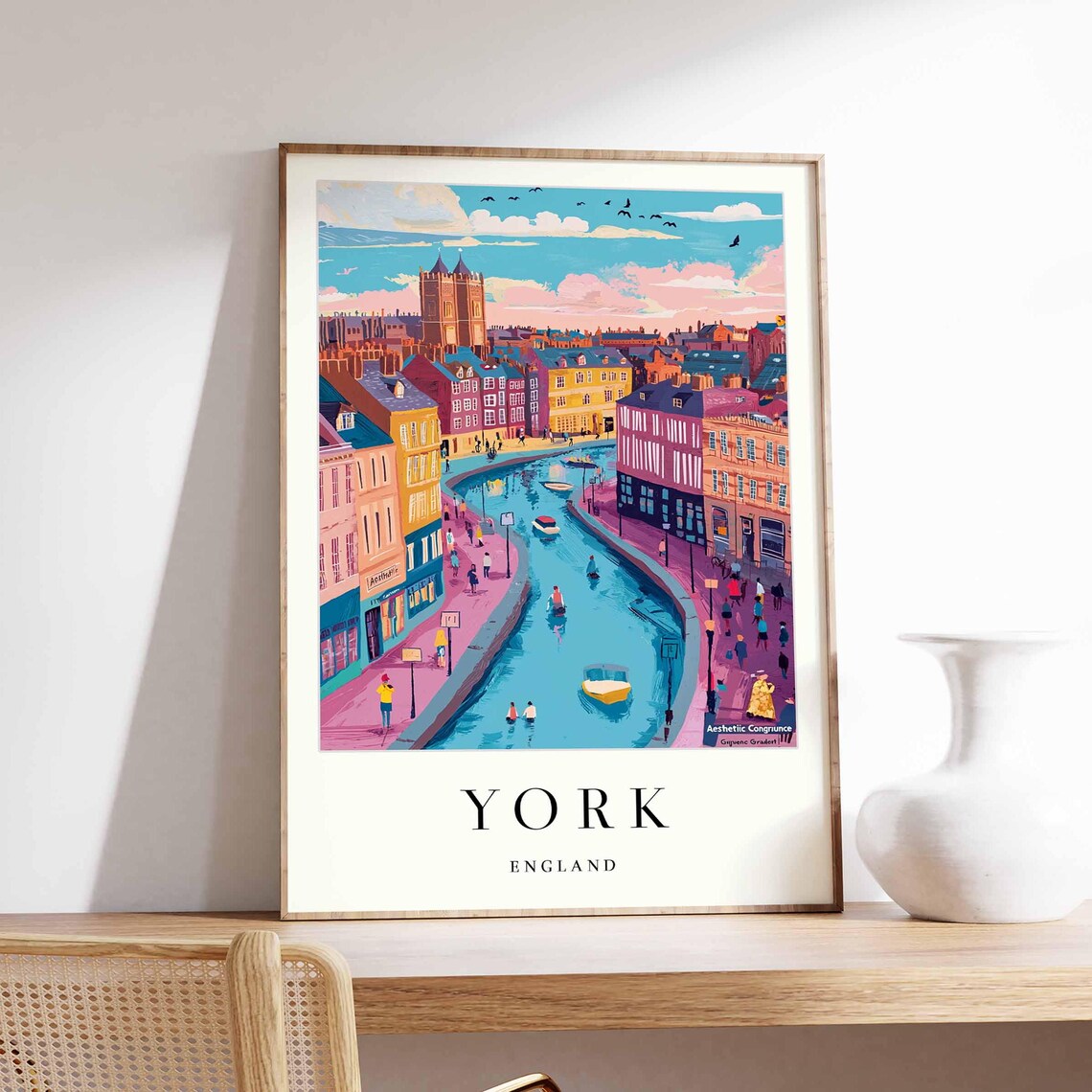 York England River Ouse Boats Minster Towers Watercolor Poster