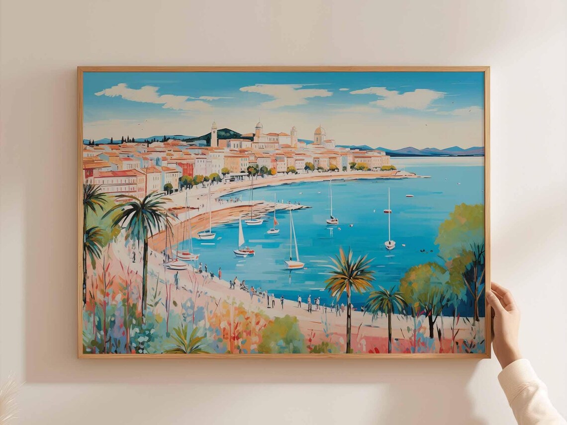 Cannes Curved Promenade Sailboats Palms Old Town Towers Poster