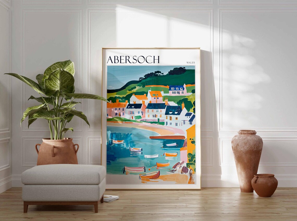 Abersoch Wales Harbor Rowboats Cottages Art Travel Collection Poster - Image 3
