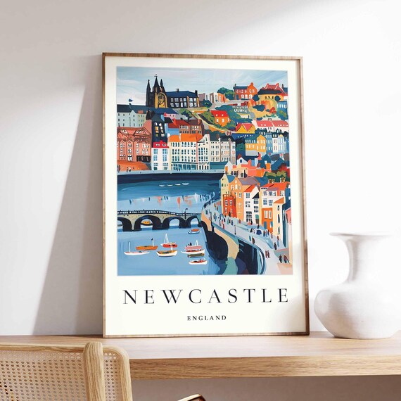 Newcastle England Riverside Bridge Quayside Boats Vintage Poster