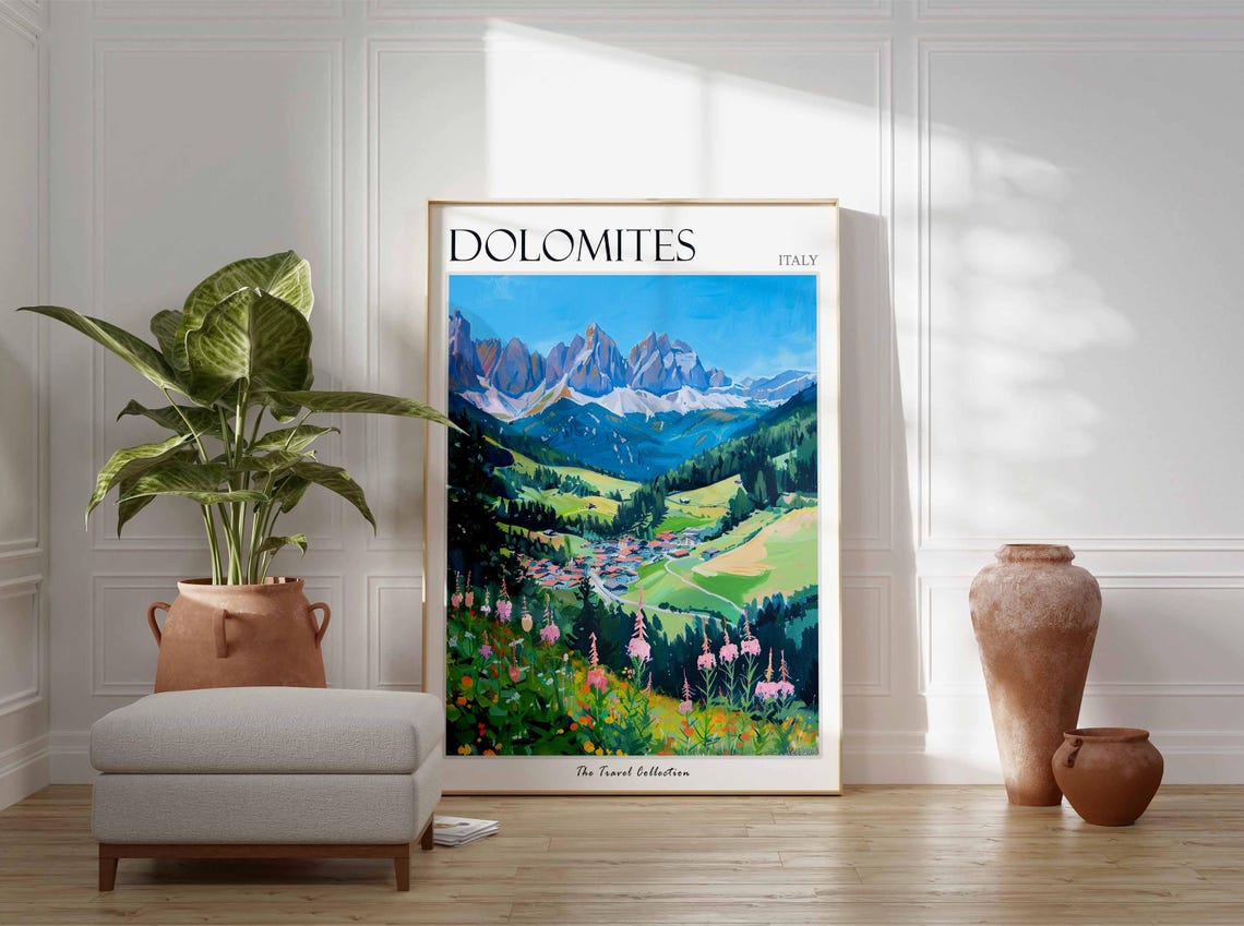 Dolomites Italy Painted Alpine Valley Wildflower Travel Poster Scene - Image 2
