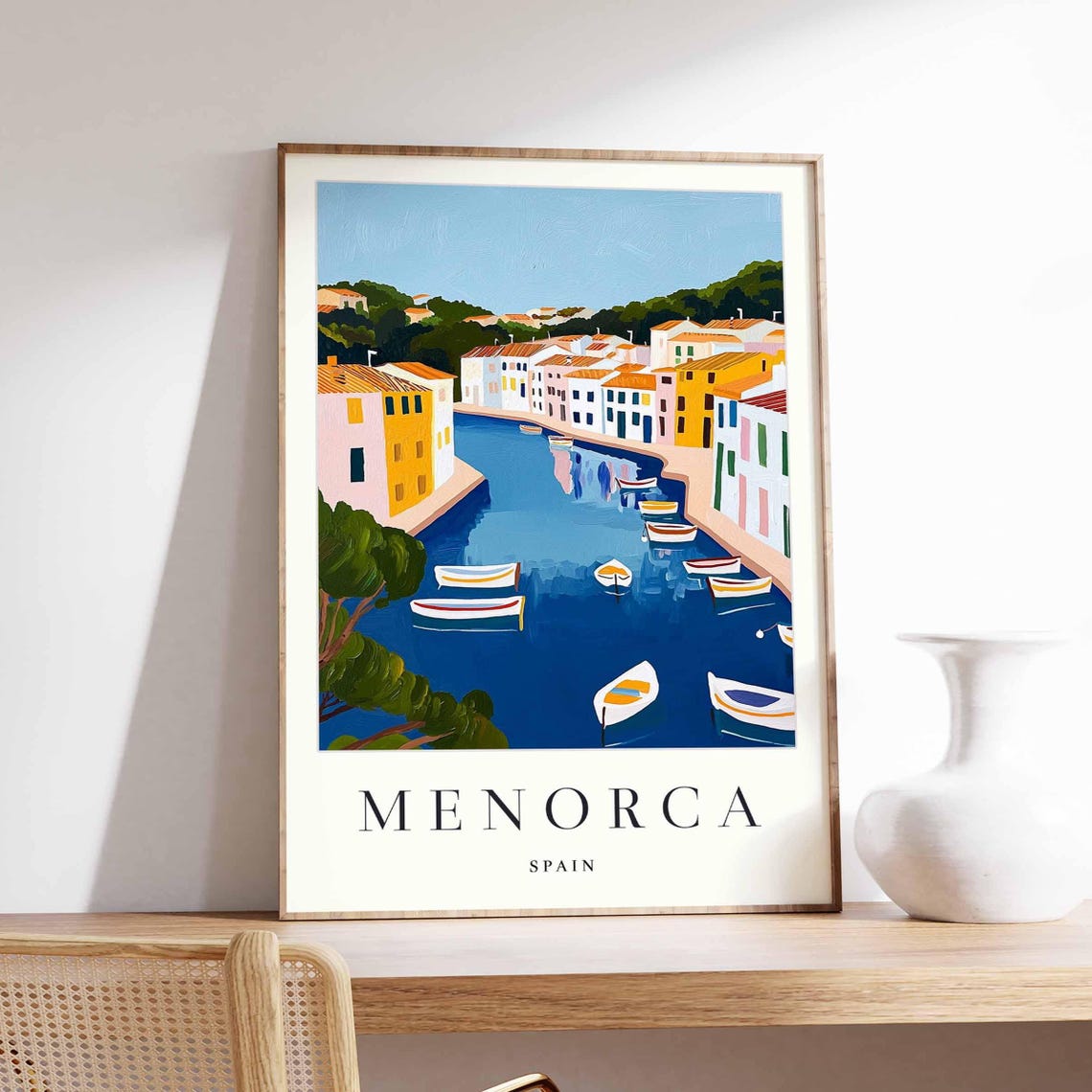 Menorca Spain Harbor Boats Colorful Waterfront Scene Art Poster