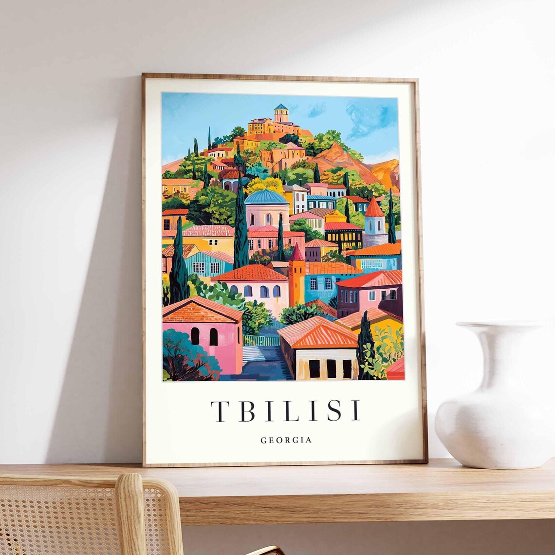 Tbilisi Georgia Colorful Hillside Old Town Illustrated Travel Poster