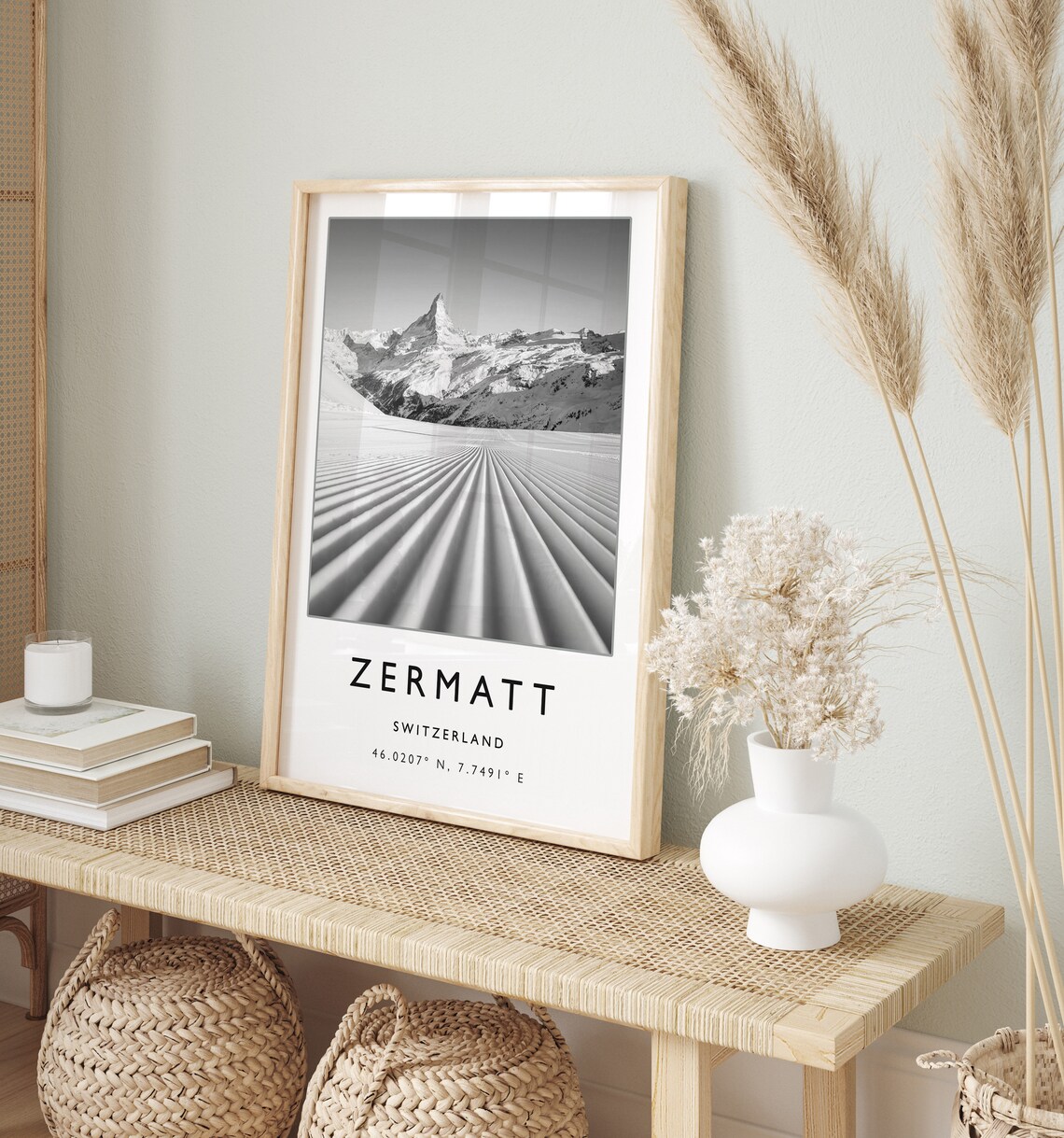 Zermatt Switzerland Black and White Matterhorn Pistes Photo Poster - Image 2