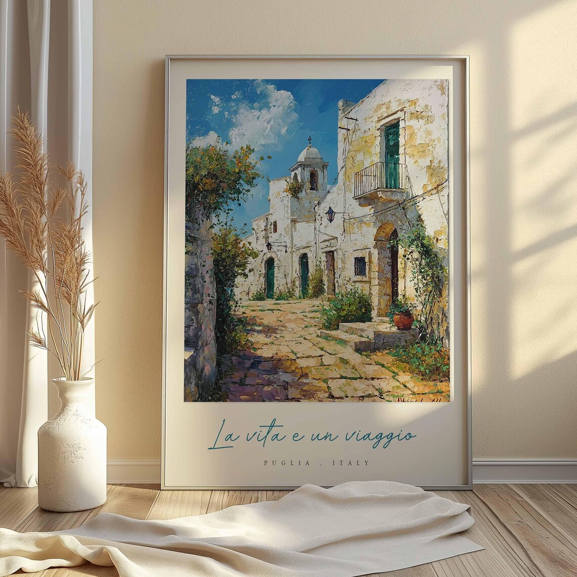Puglia Italy Old Town Stone Alley Bell Tower Warm Oil Art Poster - Image 2