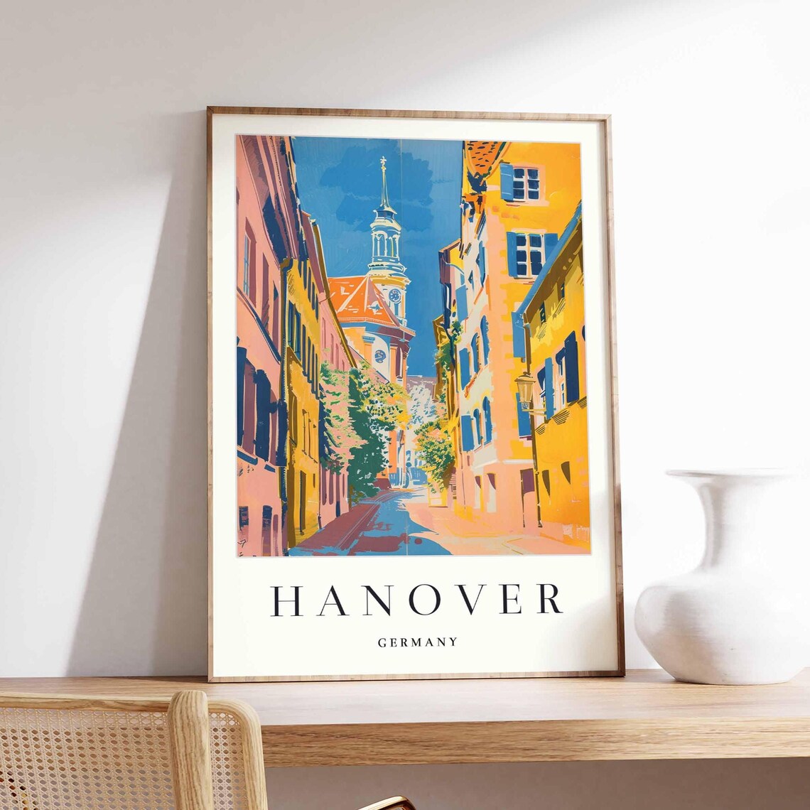 Hanover Germany Sunlit Old Town Alley Watercolor Travel Poster