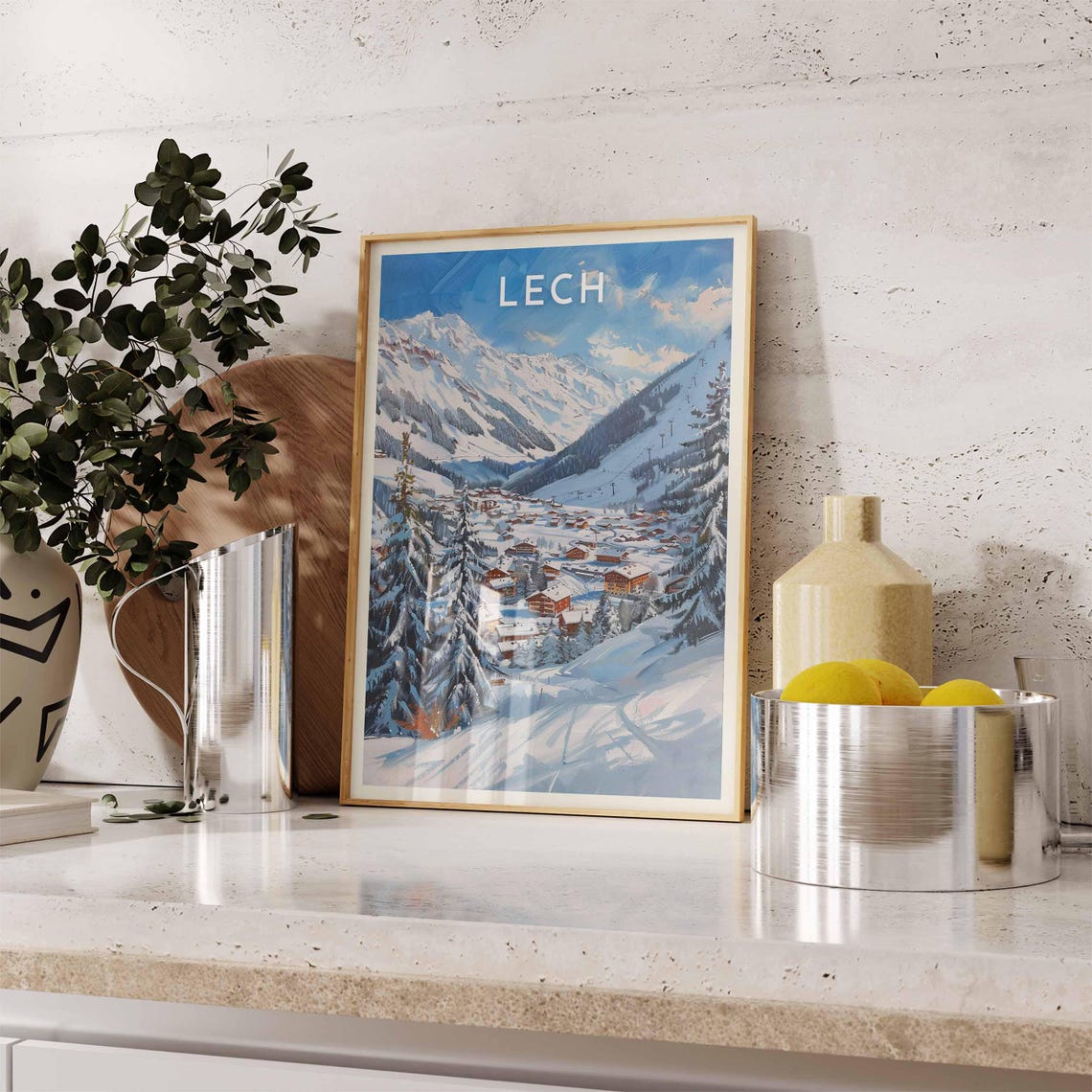 Lech Austria Sunny Snowy Valley Town Pines Peaks Watercolor Poster - Image 2
