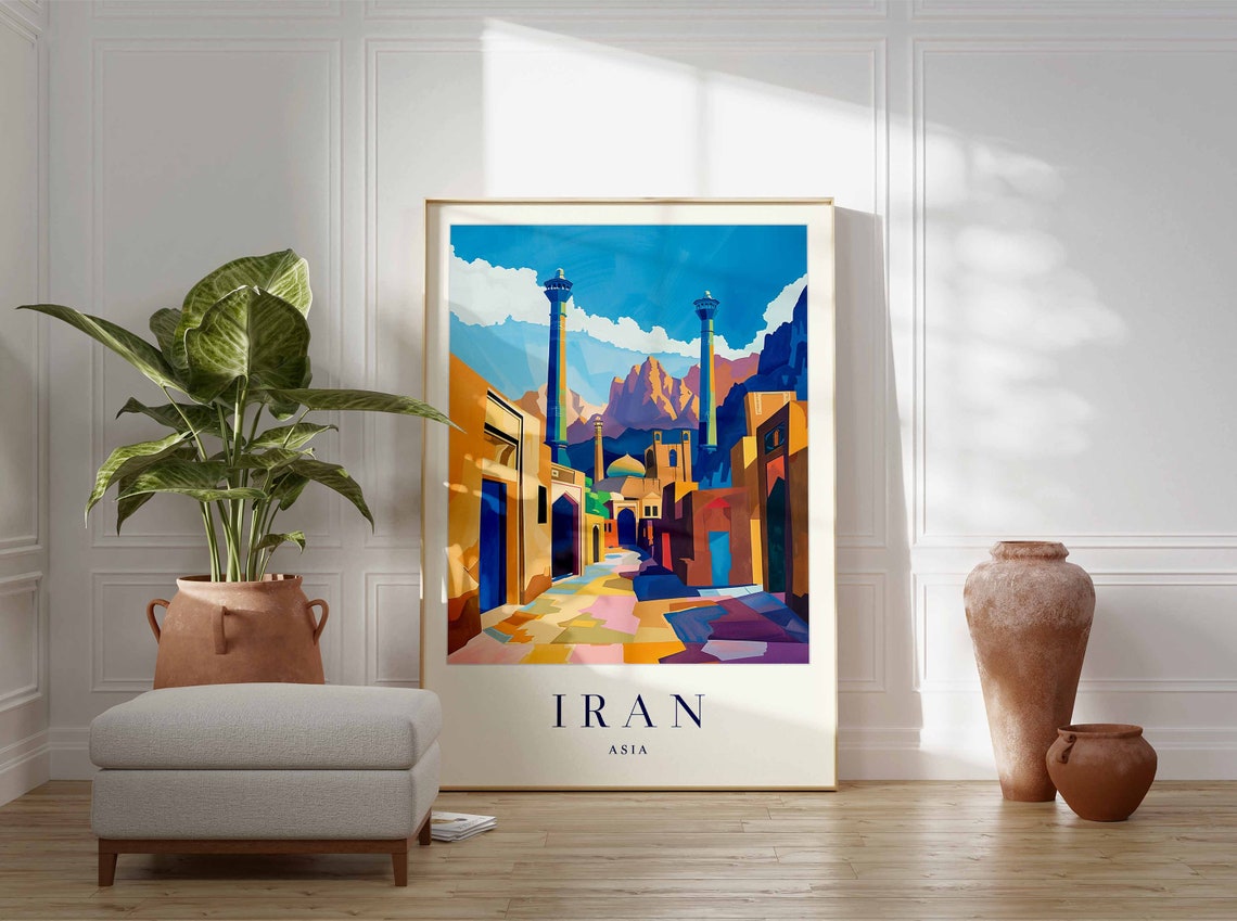 Iran Minaret Mosque Street Desert Mountains Colorful Art Poster - Image 3