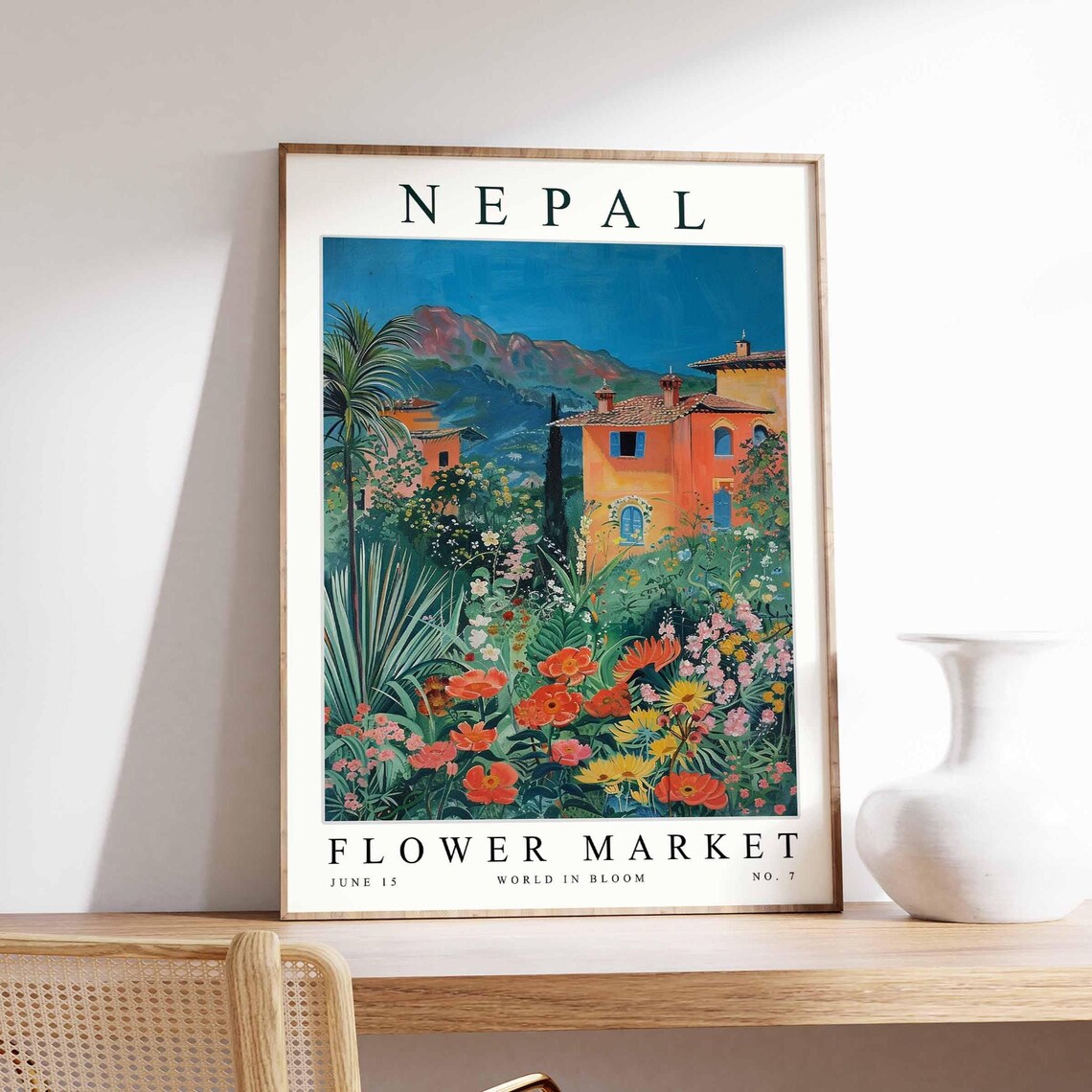 Nepal Flower Market Pink Sky Temple Lake Wildflower Art Poster