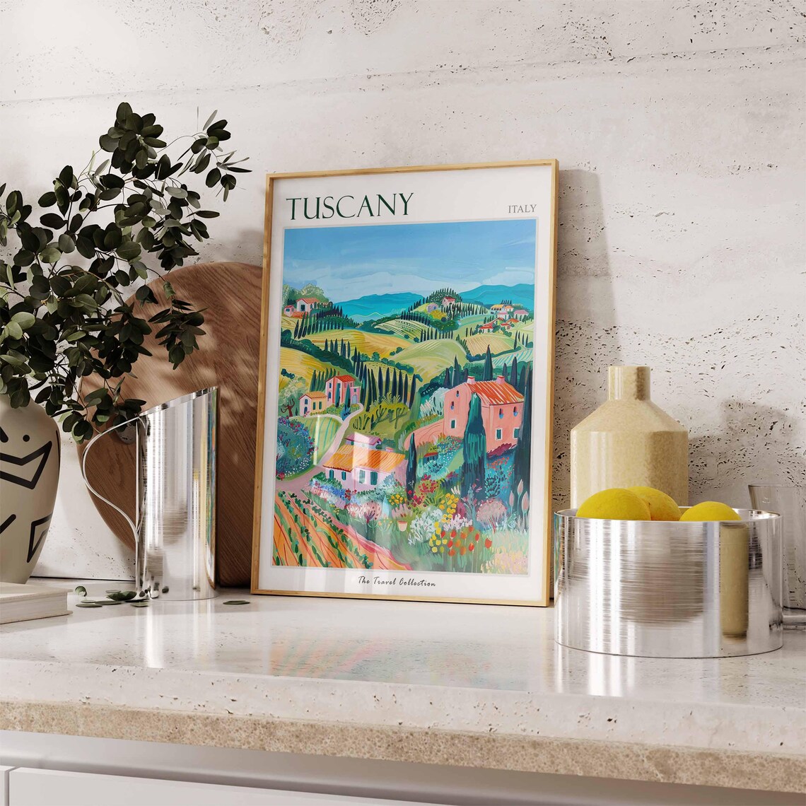 Tuscany Italy Rolling Hills Travel Poster with Colorful Farmhouses - Image 2