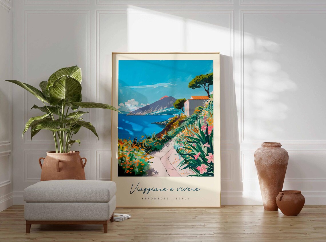 Stromboli Italy Flower Path Poster Volcano And Sea Trail Garden Art - Image 3
