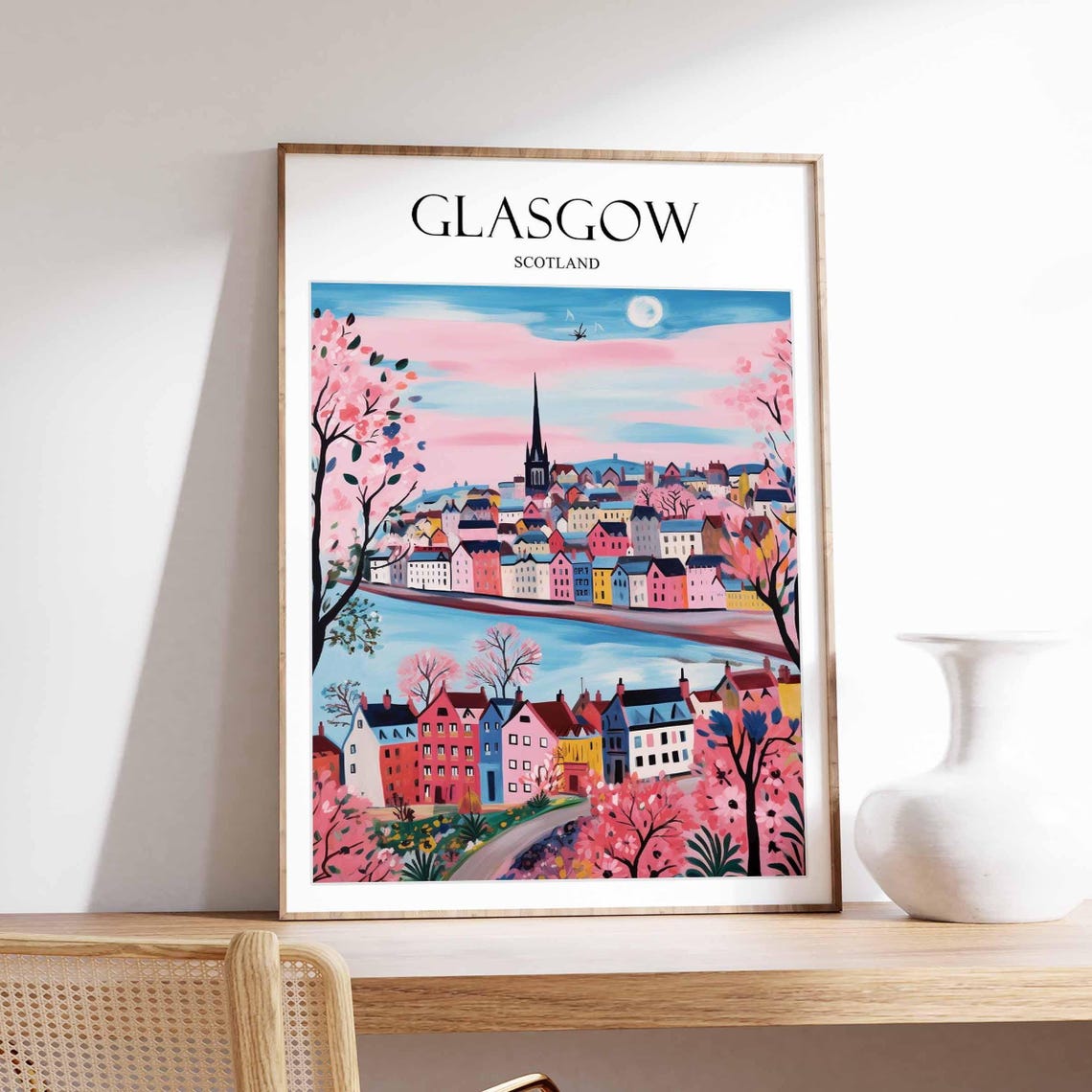Glasgow Scotland Pastel Waterfront Moonrise Travel Art Poster