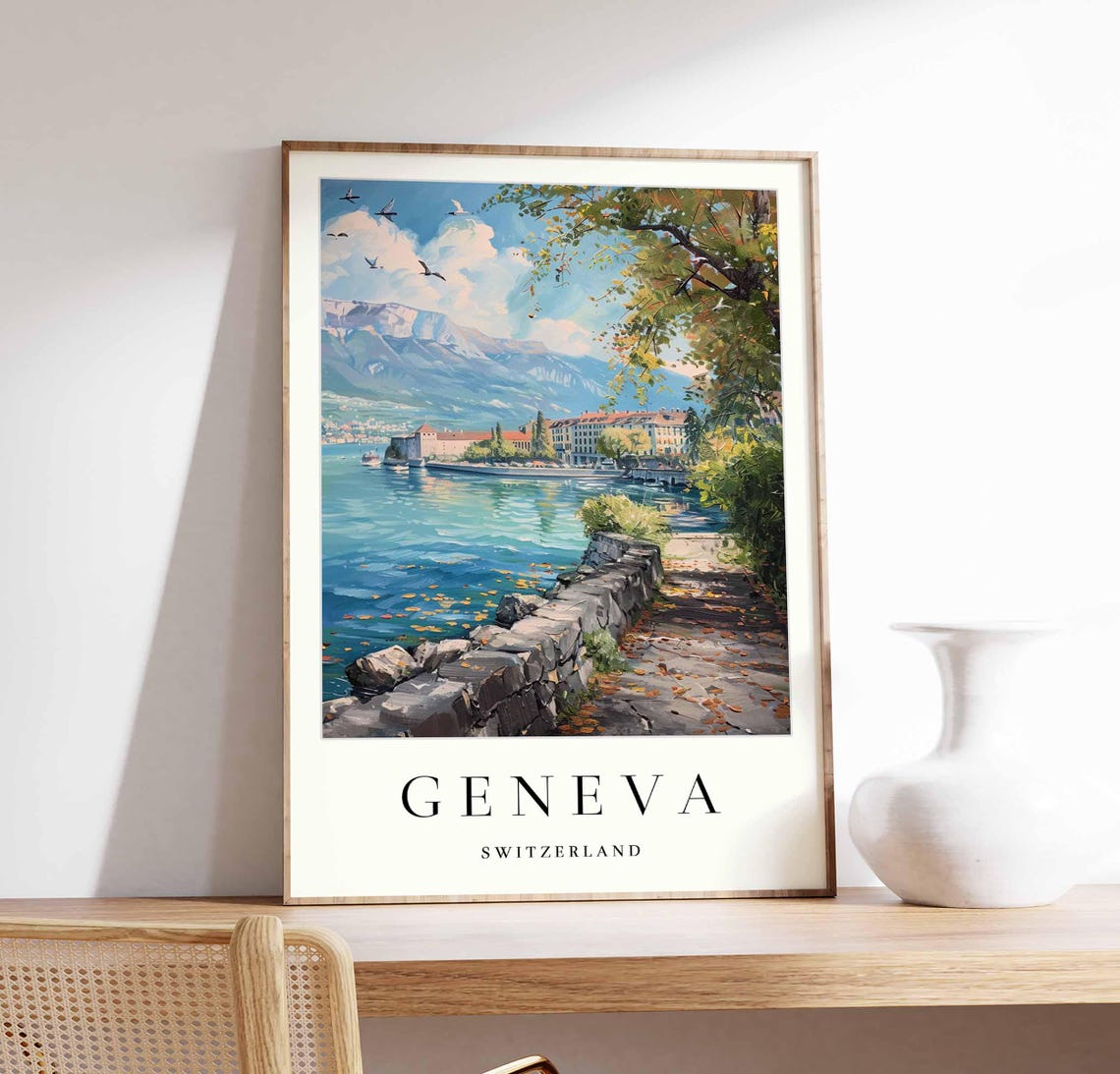 Geneva Switzerland Lakeside Promenade With Snowy Mountains Poster