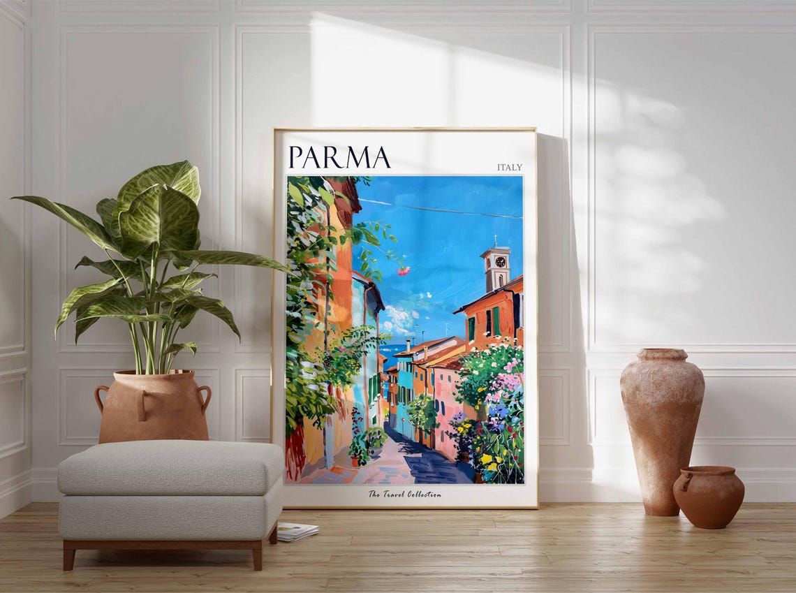 Parma Italy Charming Flower Lined Old Street Clock Tower Poster - Image 2