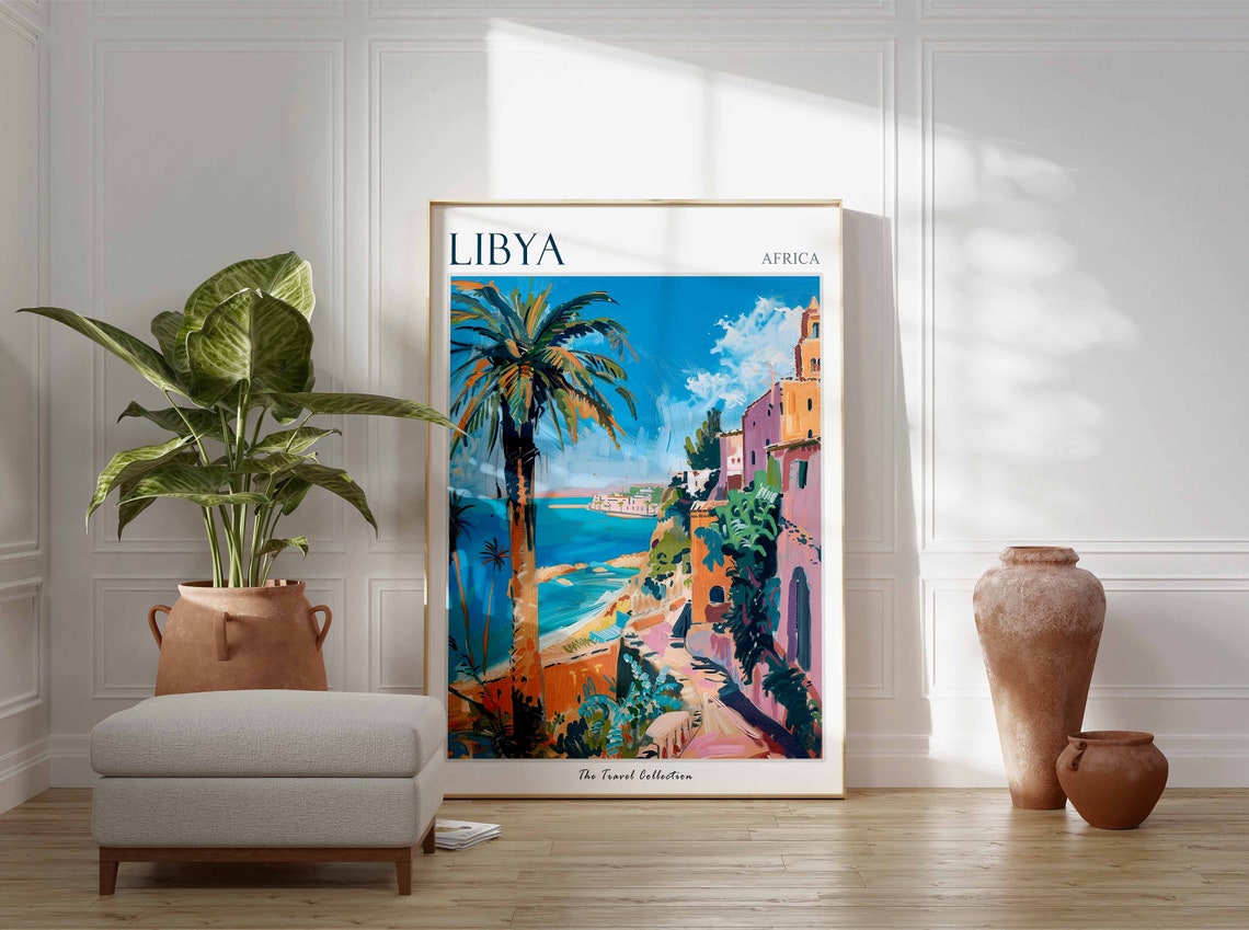 Libya Africa Mediterranean Coast Travel Poster Palm Tree Seaside Art - Image 2