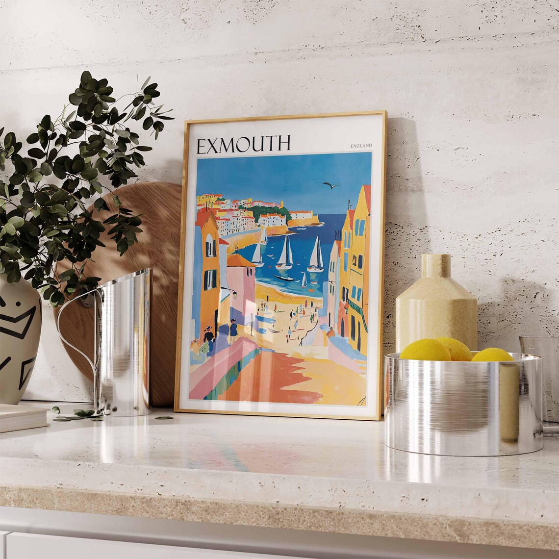 Exmouth England Old Town Street Beach Sailboats Colorful Poster - Image 2
